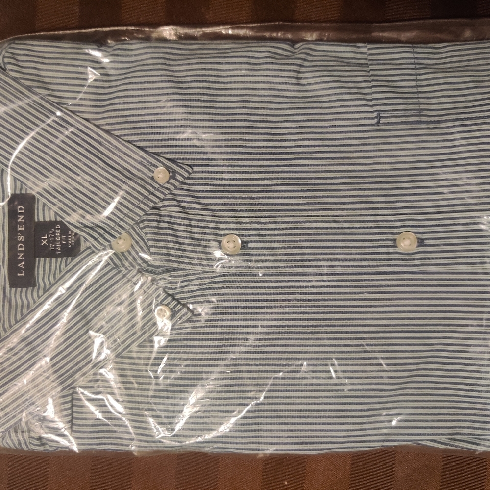 New Lands End 17-17 1/2 Blue Striped Button Down